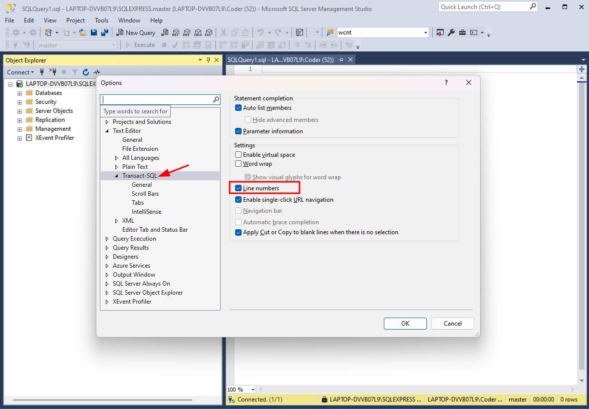How to Enable Line Numbers in SQL Server Management Studio | FreeCode Spot