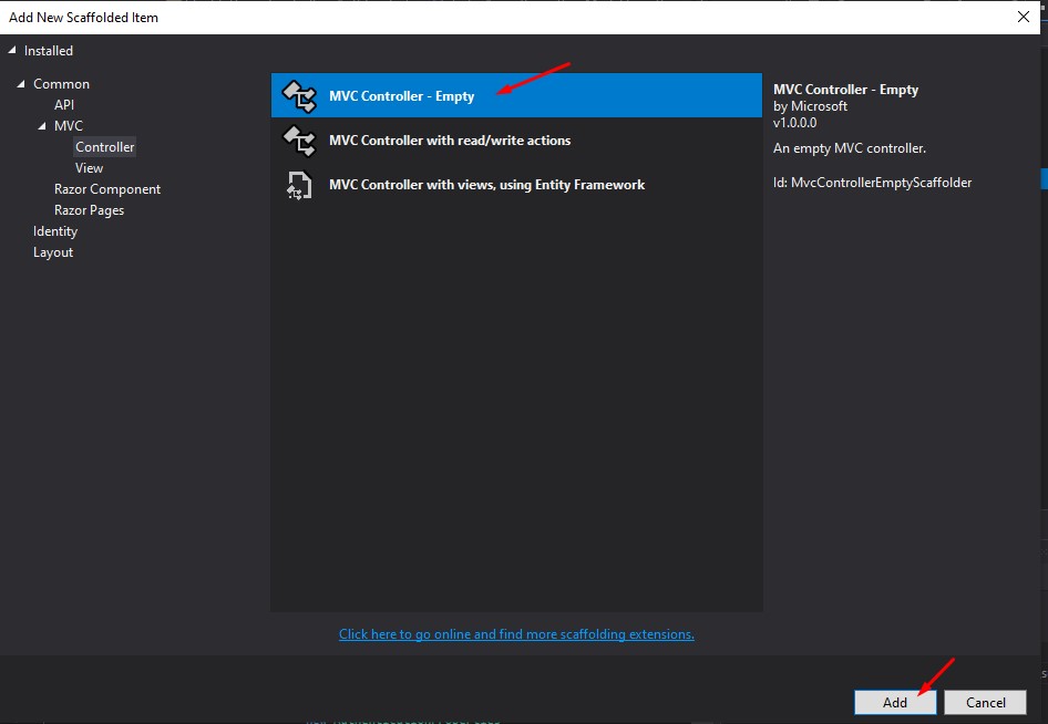 Add mvc Controller - Empty