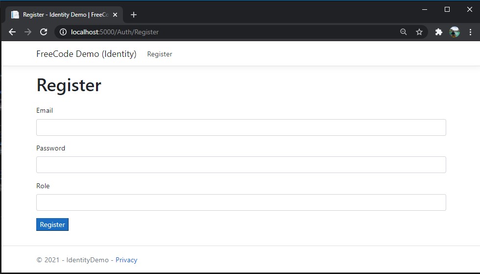 Register View - Login Web Application using Cookie Authentication in ASP NET Core