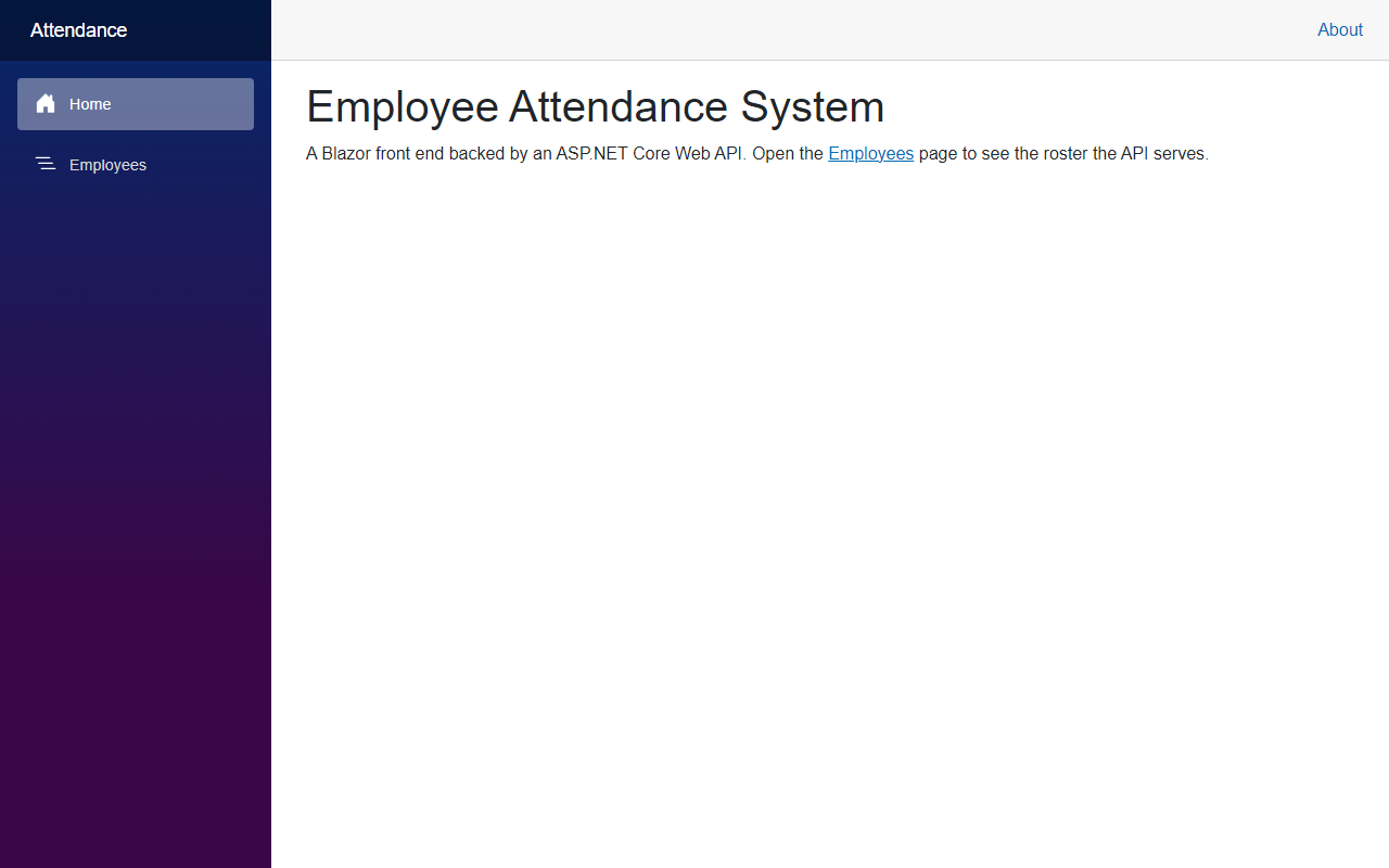 The home page of the Employee Attendance System with a sidebar showing Home and Employees links