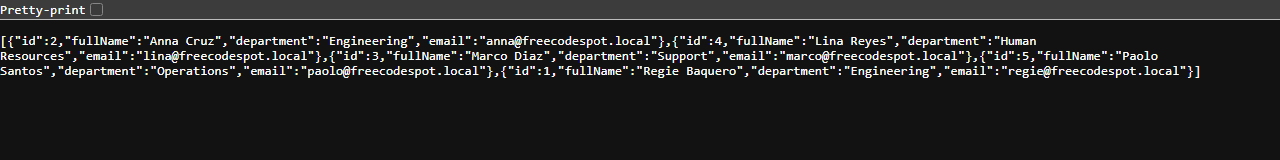 The raw JSON response from GET /api/employees showing an array of five employee objects