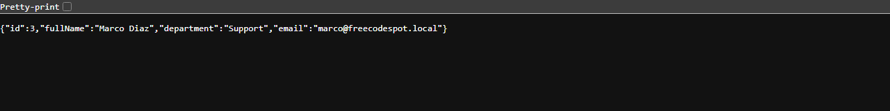The raw JSON response from GET /api/employees/3 showing the employee Marco Diaz
