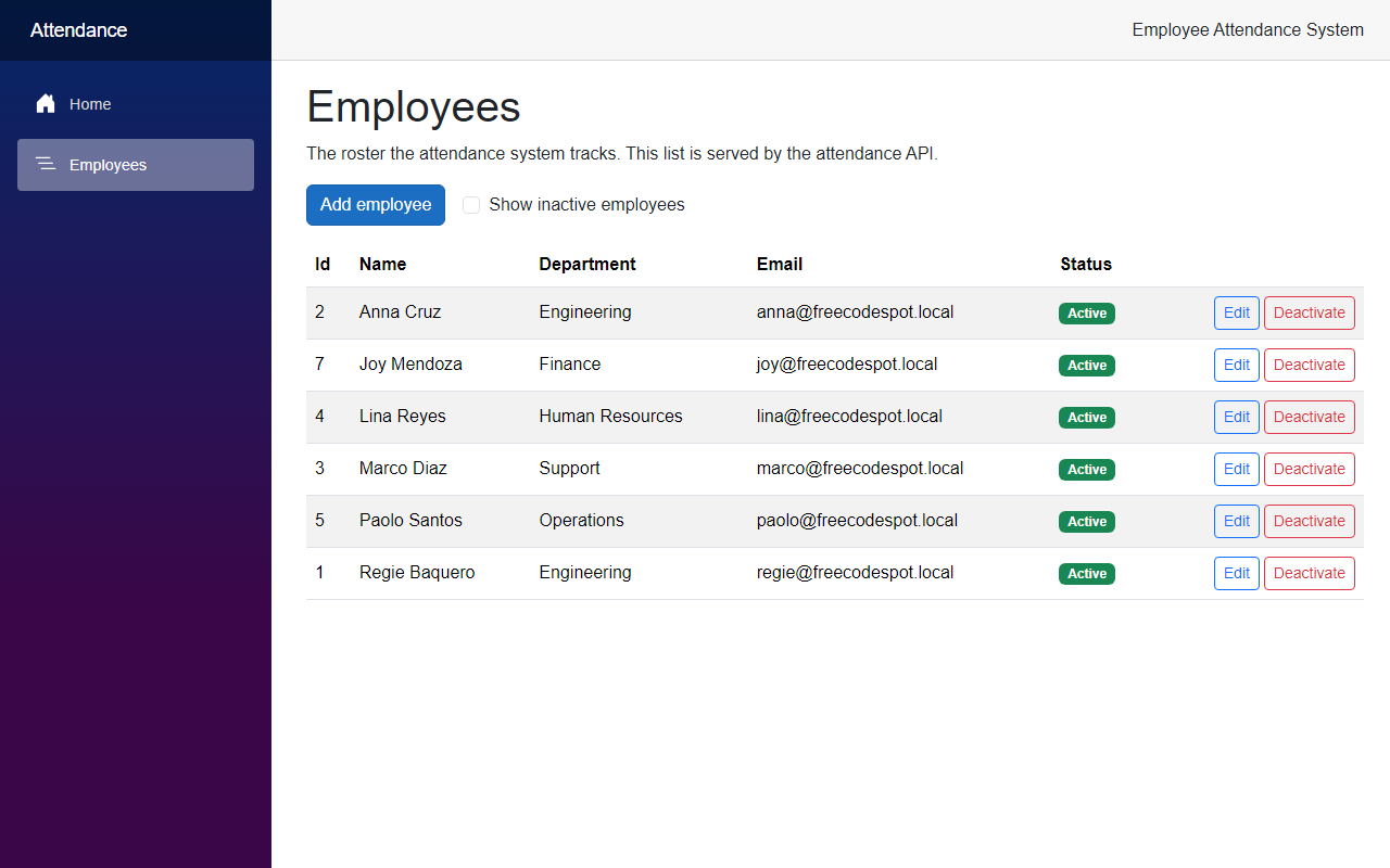 The Employees page of the employee attendance system with an Add employee button, a Show inactive employees checkbox, and Edit and Deactivate buttons on every row