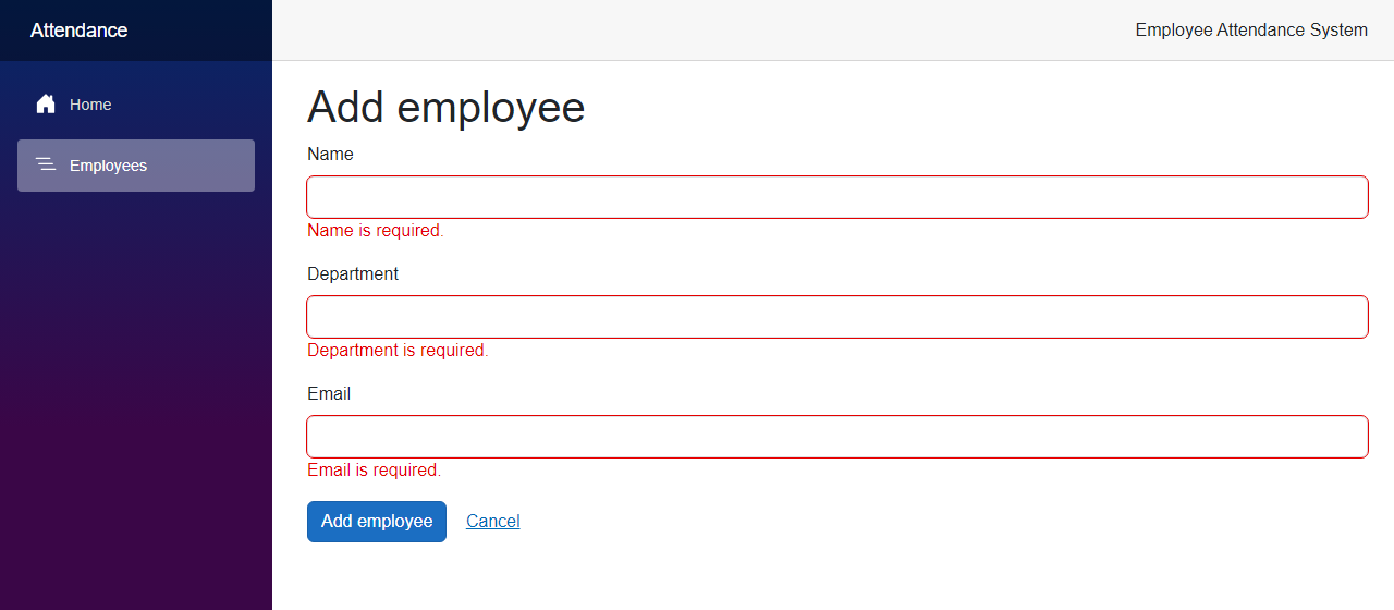 The Add employee form of the employee management page with Name is required, Department is required and Email is required shown under the empty fields