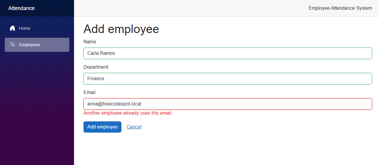 The Add employee form with Carla Ramos, Finance and anna@freecodespot.local, showing Another employee already uses this email under the Email field