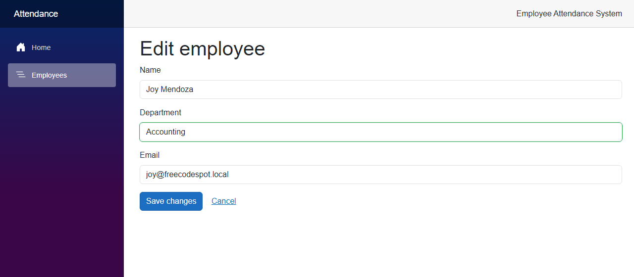 The Edit employee form for Joy Mendoza with the department changed to Accounting