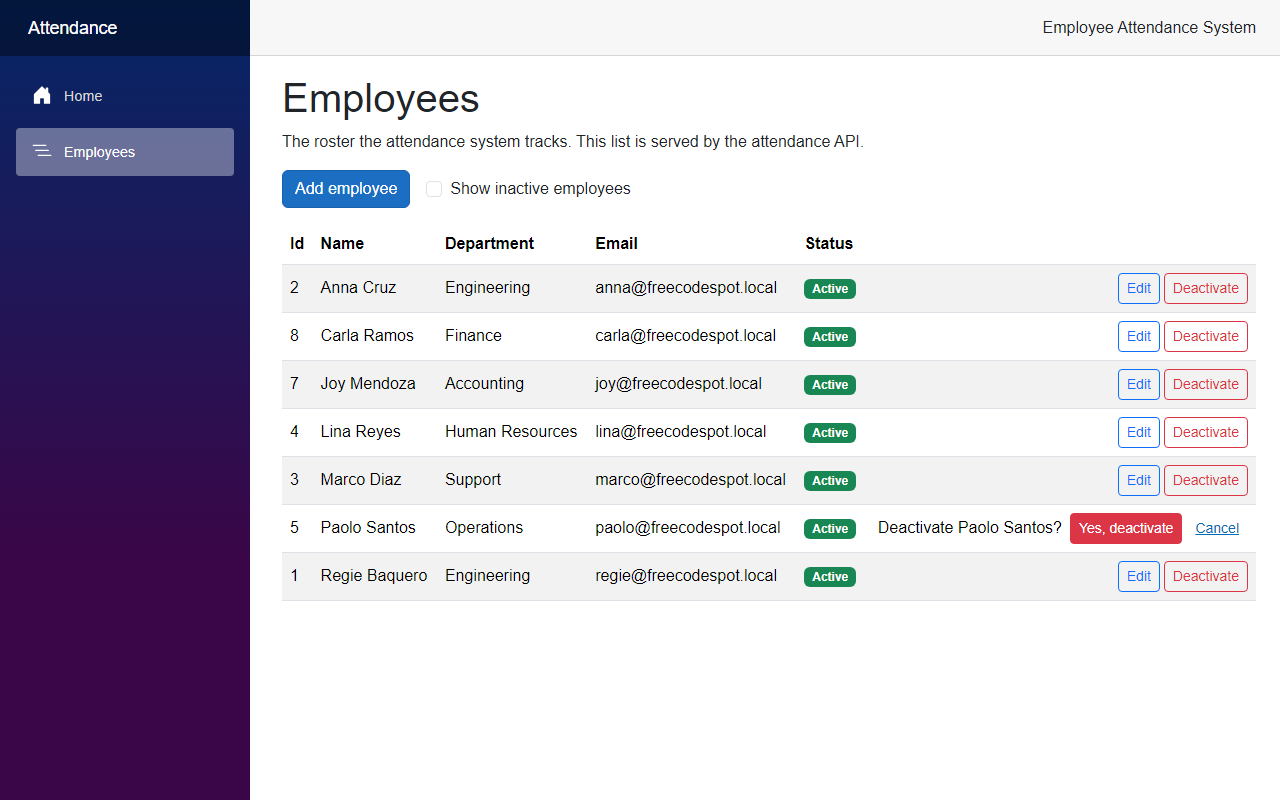 The Employees page with the row for Paolo Santos asking Deactivate Paolo Santos? with a Yes, deactivate button and a Cancel link