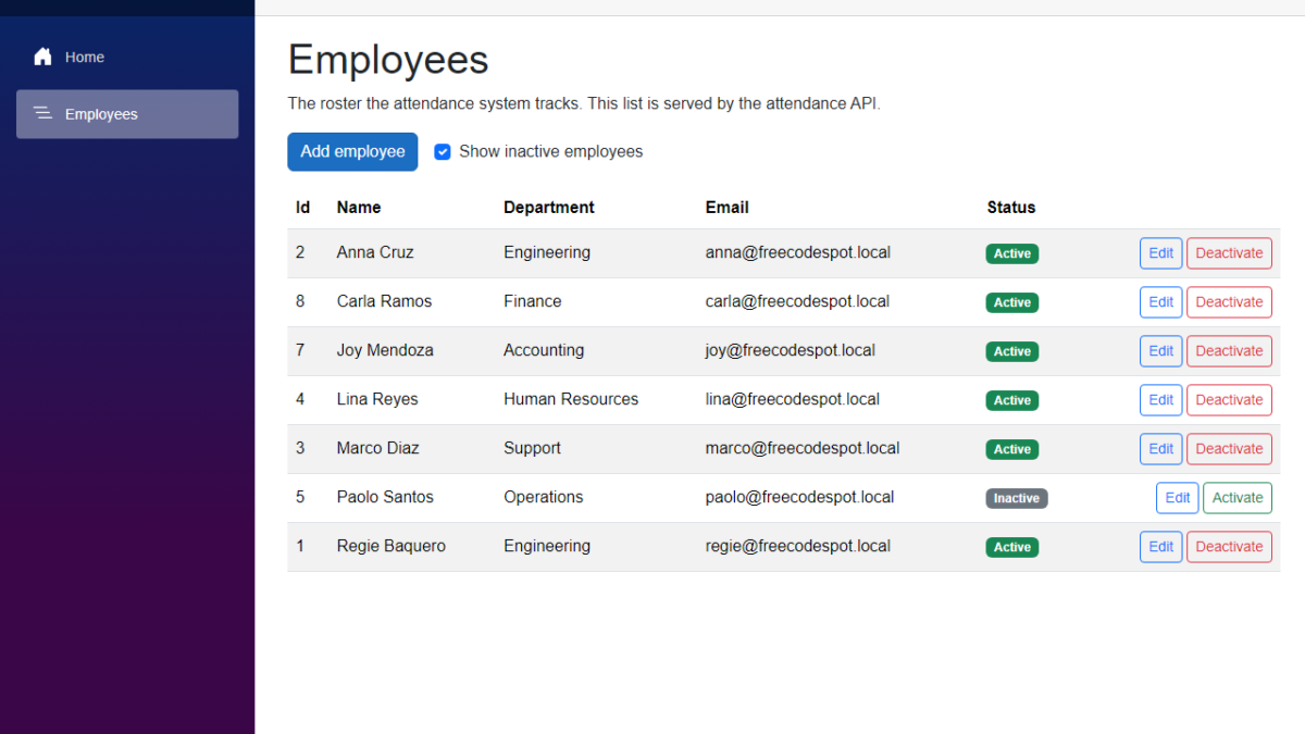 The Employees page with Show inactive employees ticked, listing Paolo Santos with an Inactive badge and an Activate button