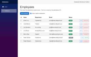 The Employees page with Show inactive employees ticked, listing Paolo Santos with an Inactive badge and an Activate button