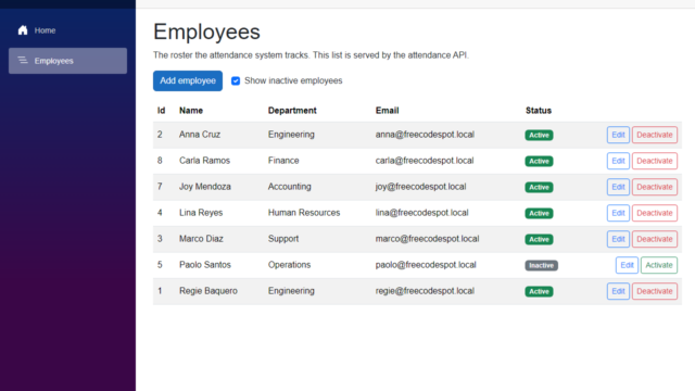 The Employees page with Show inactive employees ticked, listing Paolo Santos with an Inactive badge and an Activate button