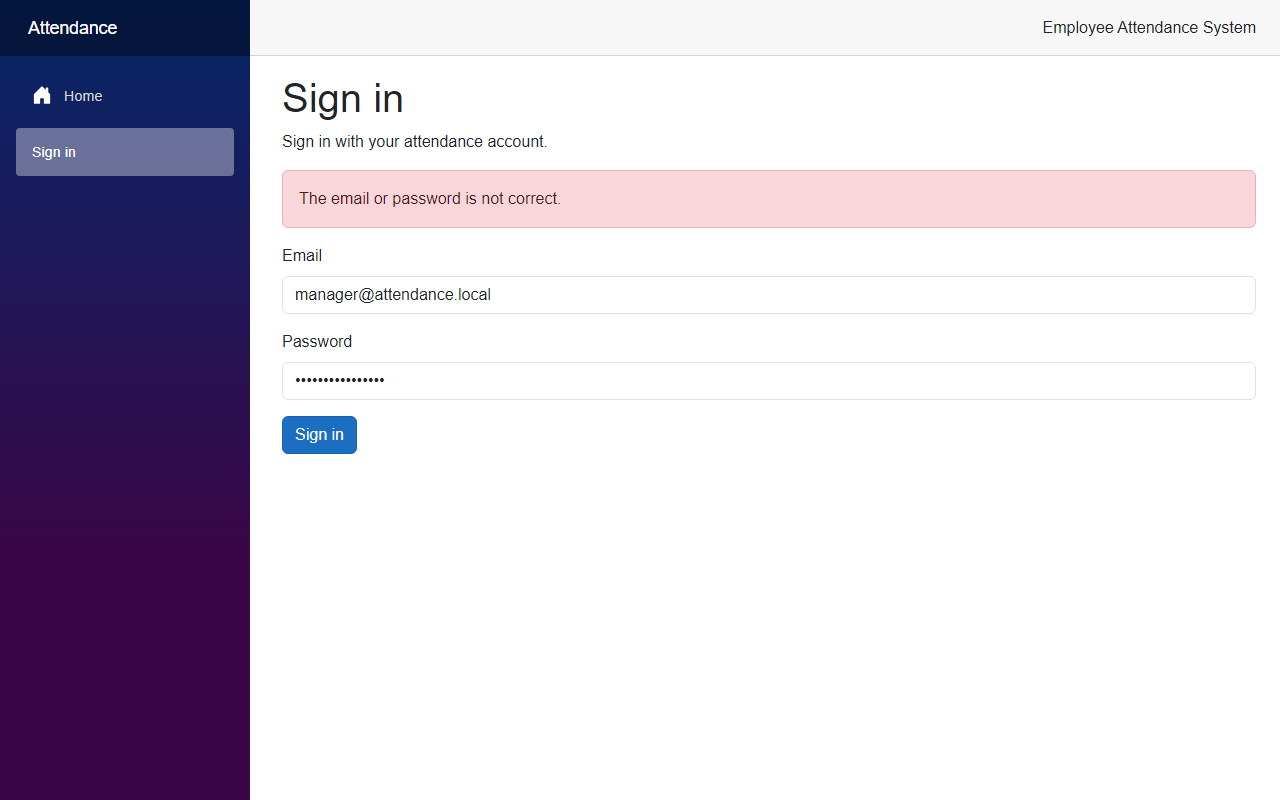 The Sign in page showing the message The email or password is not correct above the form