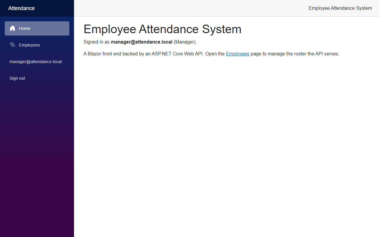 The home page of the employee attendance system showing Signed in as manager@attendance.local (Manager)