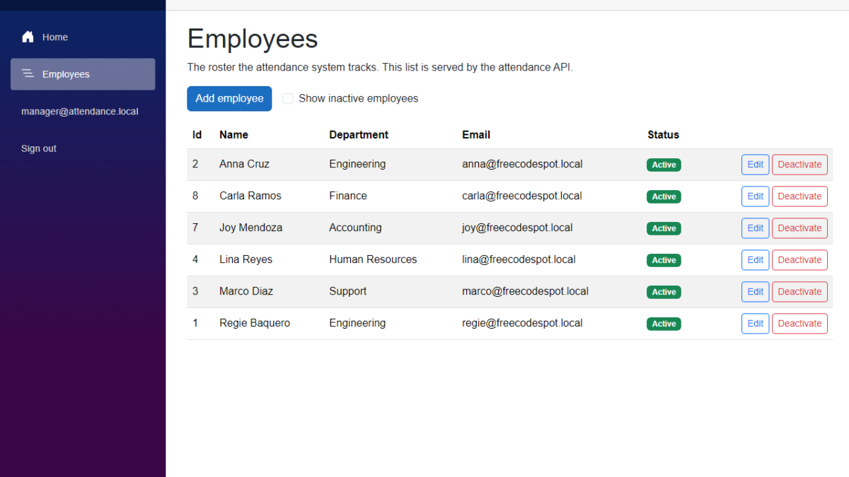 Blazor authentication in action: the Employees page opened by a signed-in manager, with the manager email and a Sign out link in the menu