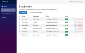 Blazor authentication in action: the Employees page opened by a signed-in manager, with the manager email and a Sign out link in the menu