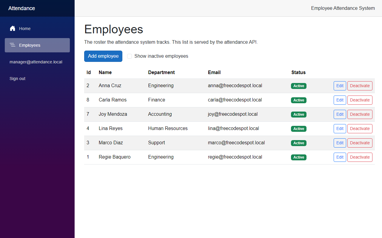 Blazor authentication in action: the Employees page opened by a signed-in manager, with the manager email and a Sign out link in the menu