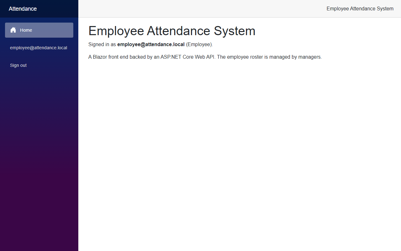 The home page for the employee, showing Signed in as employee@attendance.local (Employee) and no Employees link in the menu