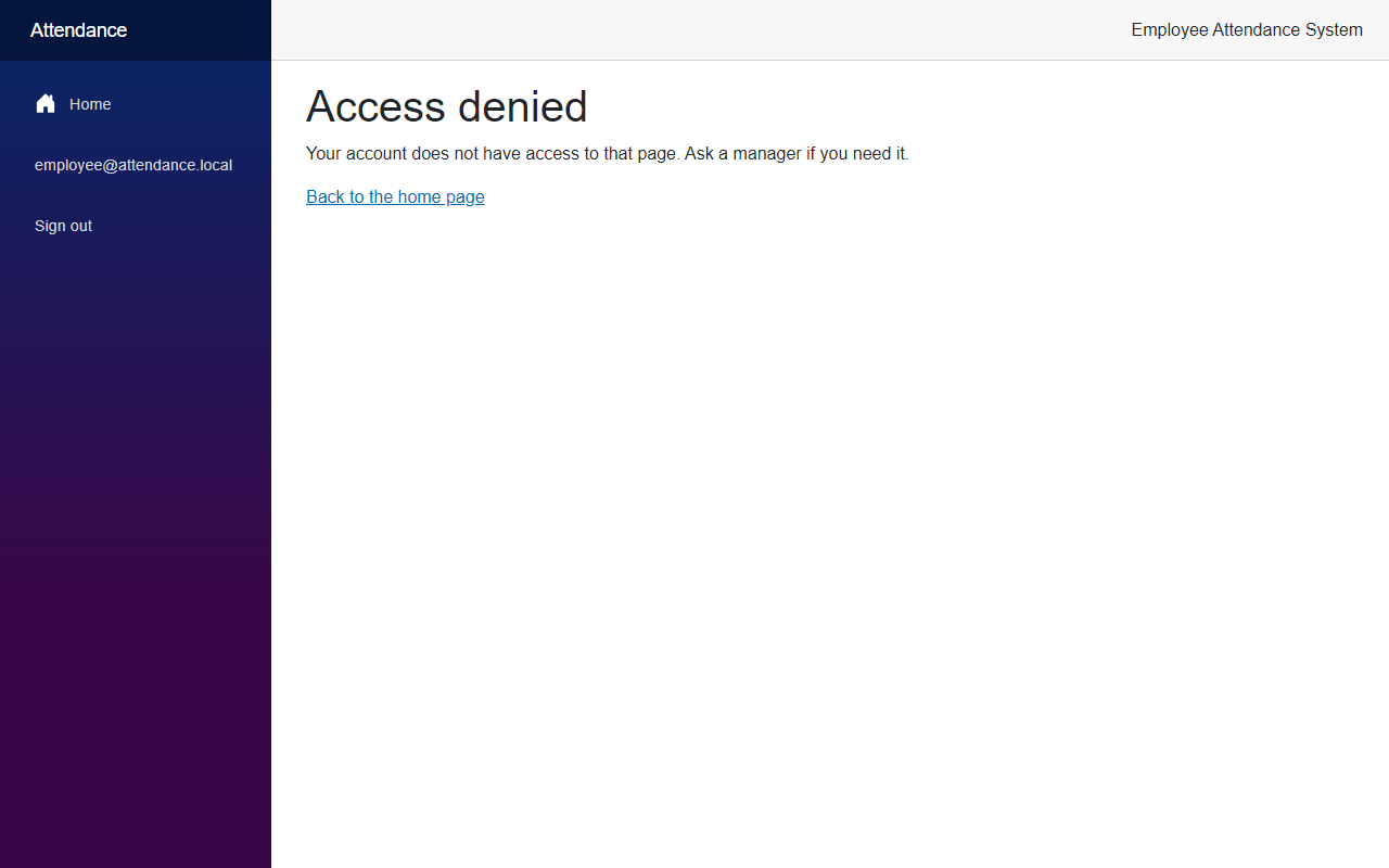 The Access denied page saying Your account does not have access to that page