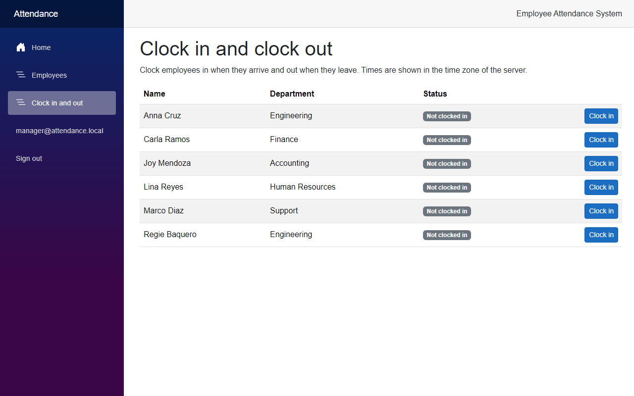 The Clock in and clock out page listing six active employees, all with a Not clocked in badge and a Clock in button