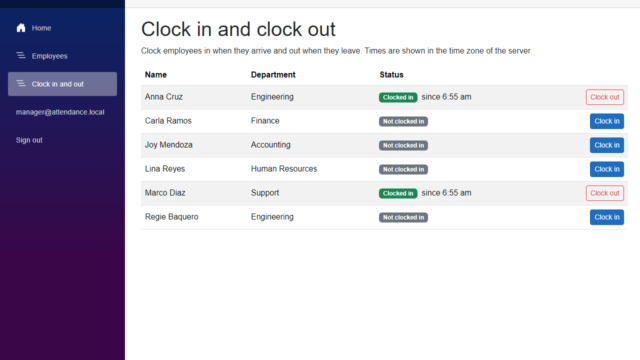 The Clock in and clock out page with Anna Cruz and Marco Diaz clocked in since 6:55 am and the other employees not clocked in