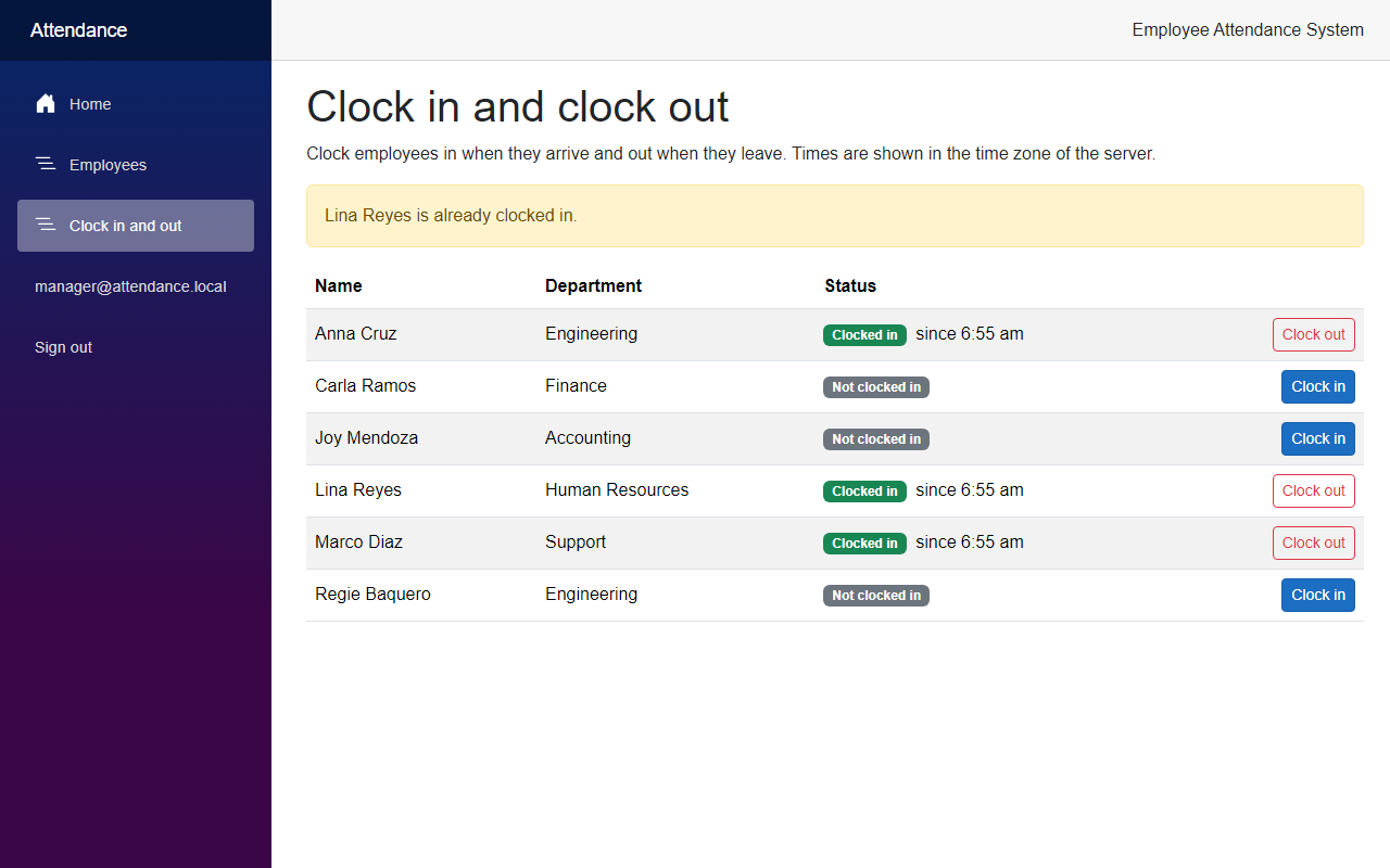 The Clock in and clock out page with a yellow message saying Lina Reyes is already clocked in, above the list where Lina now shows as clocked in