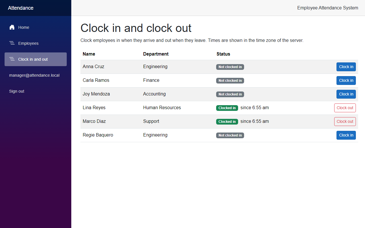 The Clock in and clock out page after Anna Cruz clocked out, showing her as Not clocked in again while Lina Reyes and Marco Diaz are still clocked in