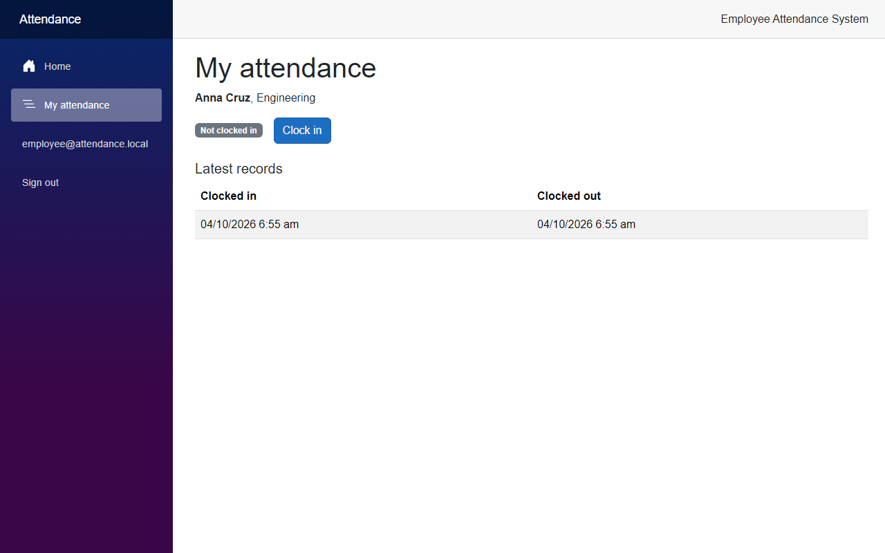 The My attendance page for Anna Cruz with a Not clocked in badge, a Clock in button and one earlier record in the list