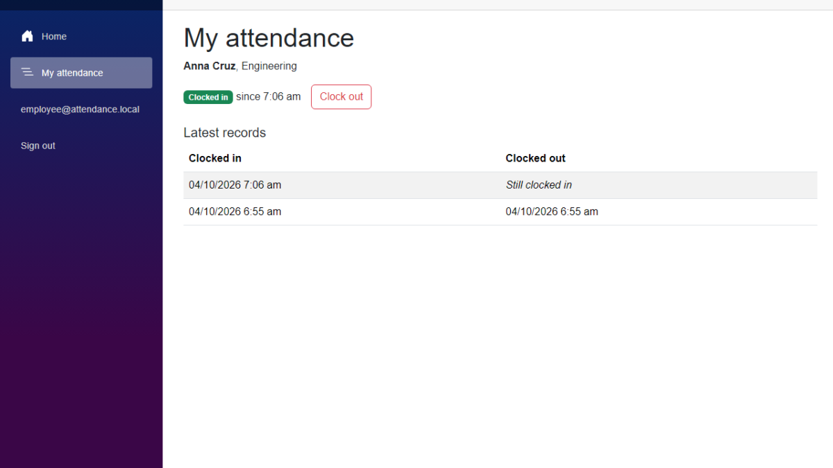 Employee clock in on the My attendance page of Anna Cruz, clocked in since 7:06 am, with a Clock out button and a list of her latest records