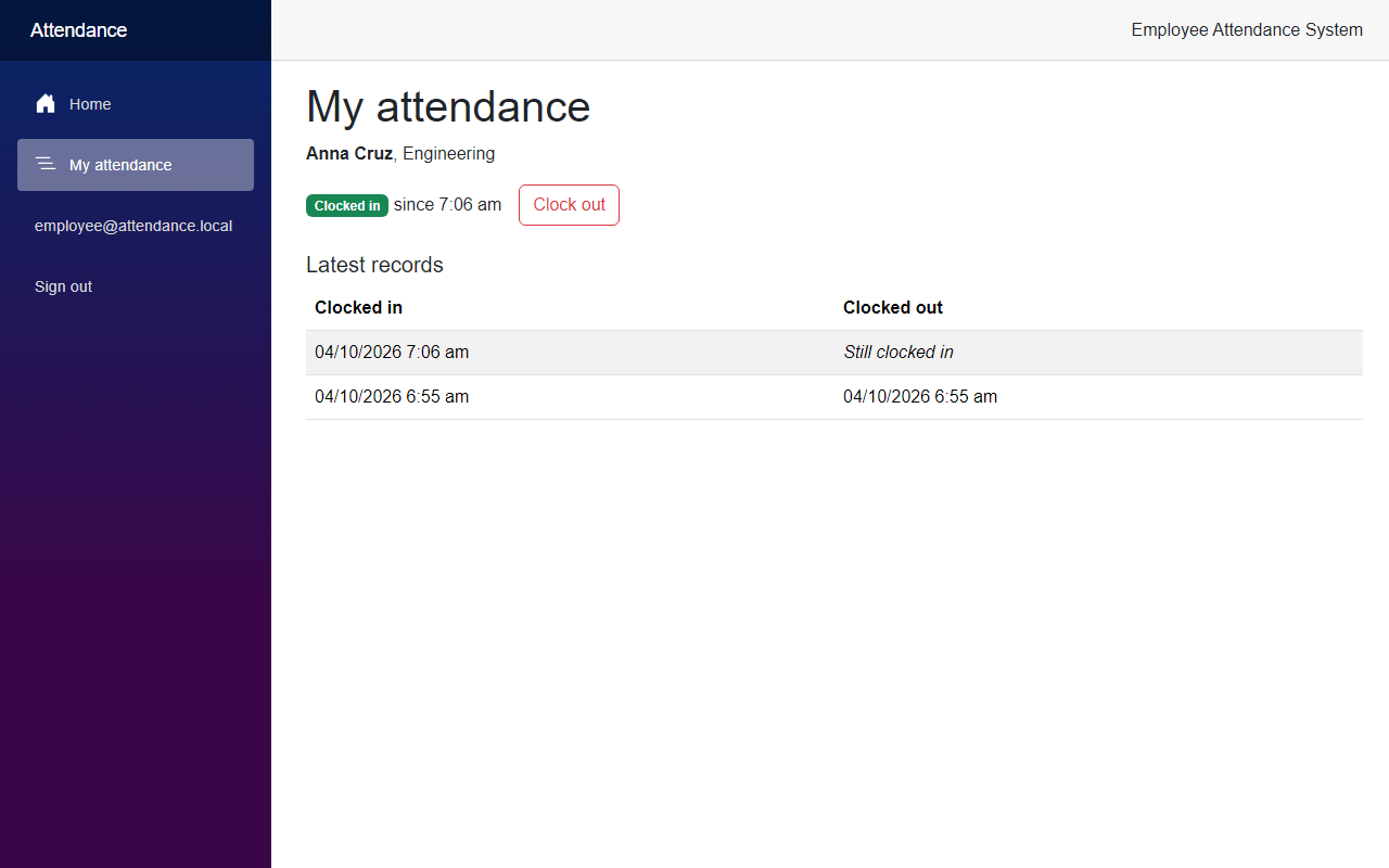 Employee clock in on the My attendance page of Anna Cruz, clocked in since 7:06 am, with a Clock out button and a list of her latest records