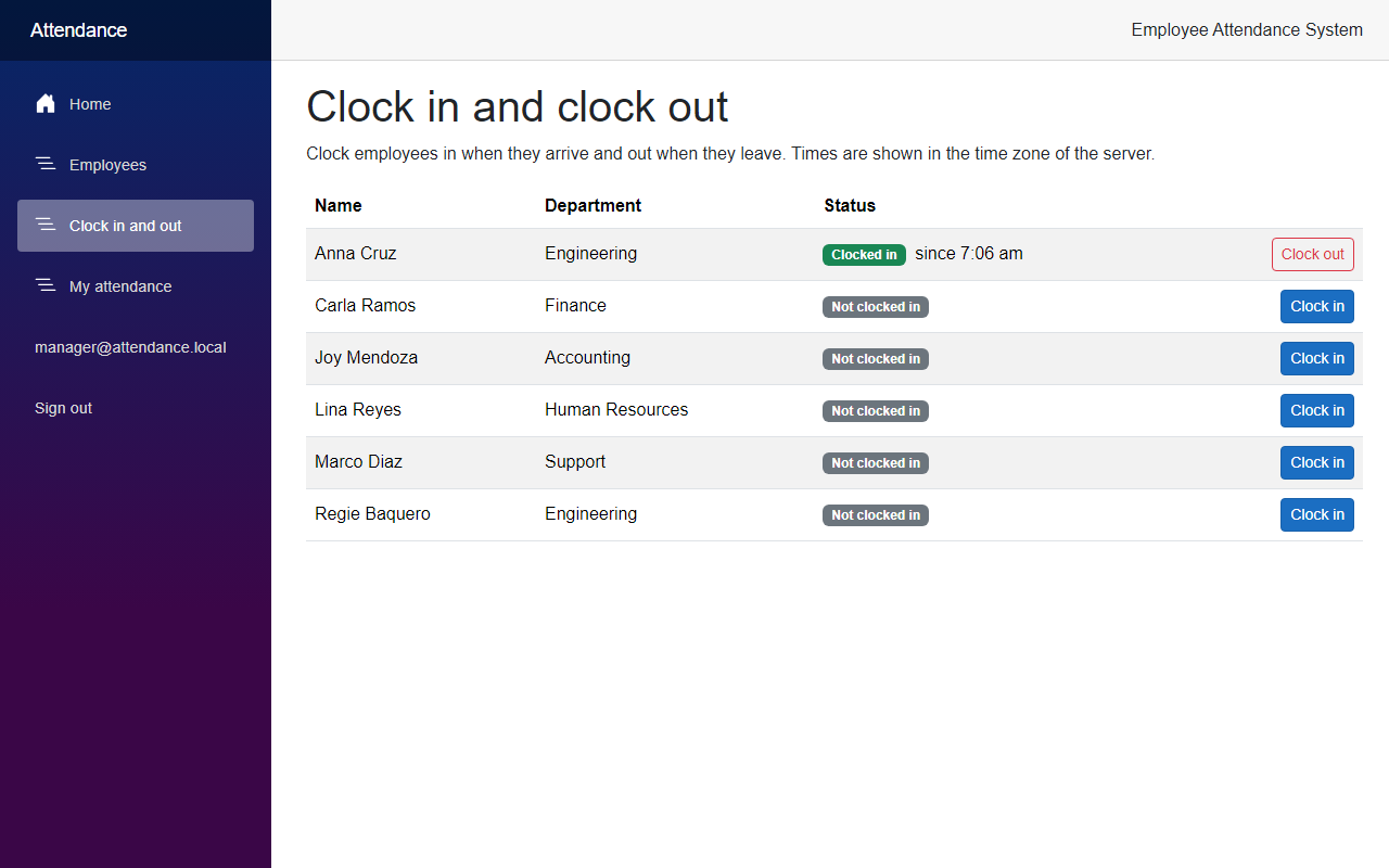 The Clock in and clock out page of the manager, showing Anna Cruz as clocked in since 7:06 am
