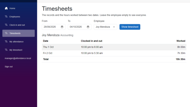 The Timesheets page filtered to Joy Mendoza, with two night shifts from 10 pm to 6 am and from 10 pm to 5:30 am and a total of 15h 30m