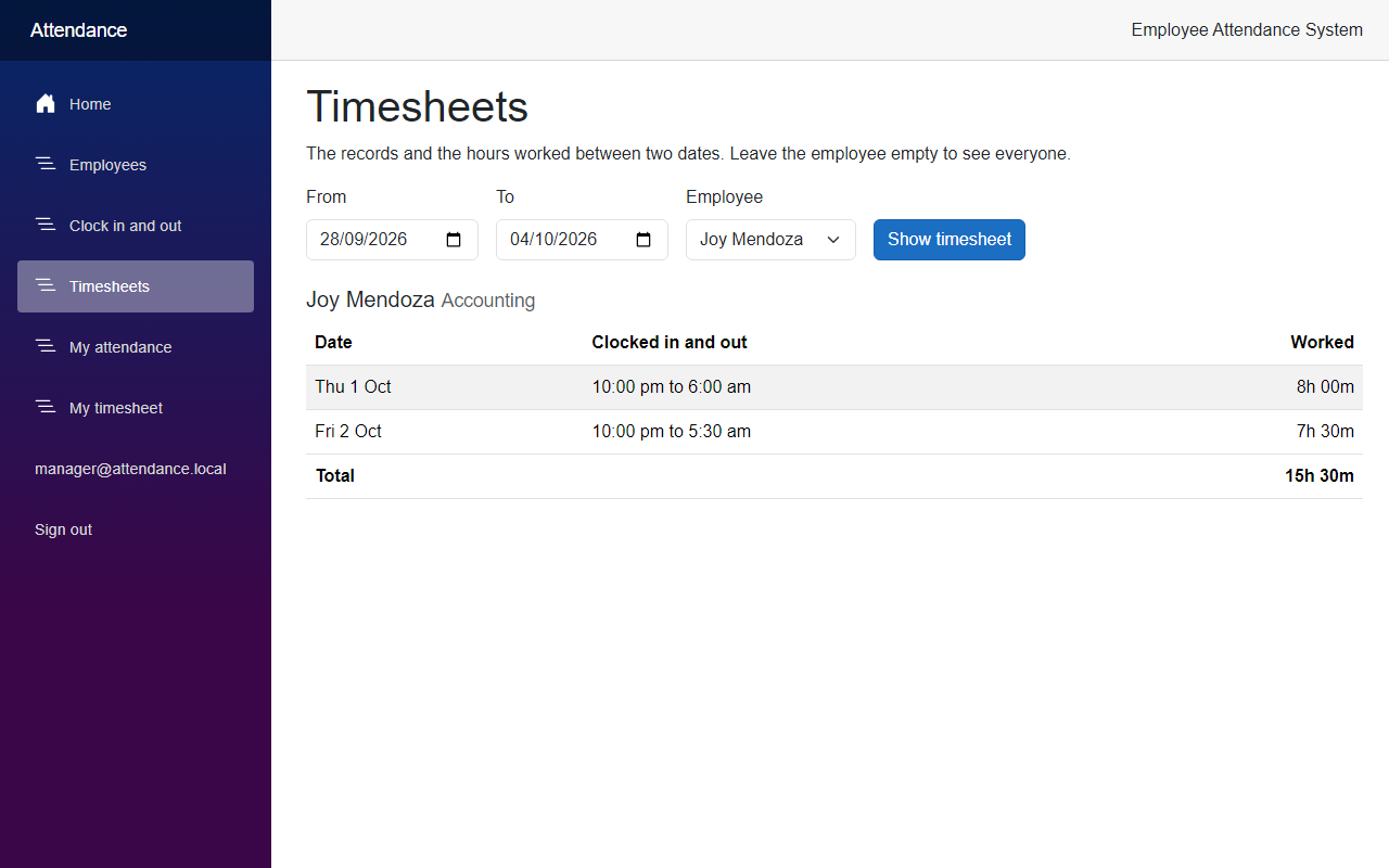 The Timesheets page filtered to Joy Mendoza, with two night shifts from 10 pm to 6 am and from 10 pm to 5:30 am and a total of 15h 30m