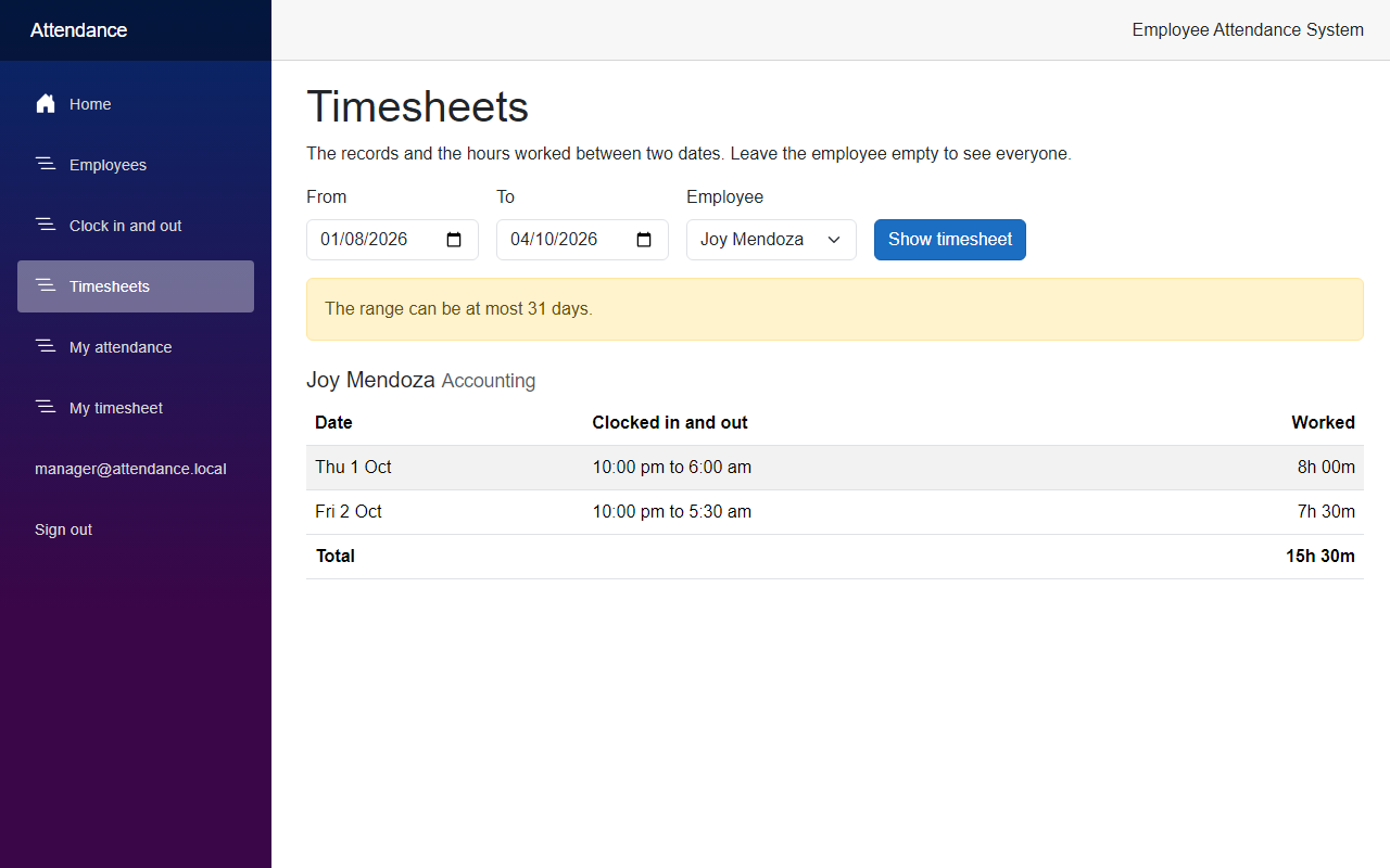The Timesheets page with a yellow message saying The range can be at most 31 days, above the previous timesheet