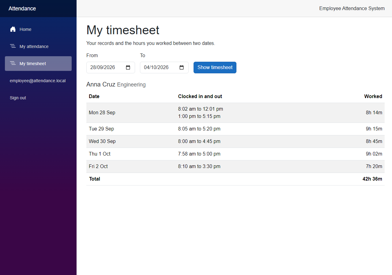 The My timesheet page of Anna Cruz with her days from 28 September to 2 October and a total of 42h 36m
