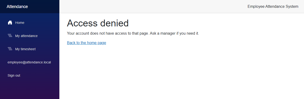 The Access denied page that the employee sees when opening the Reports page, with no Reports link in the menu