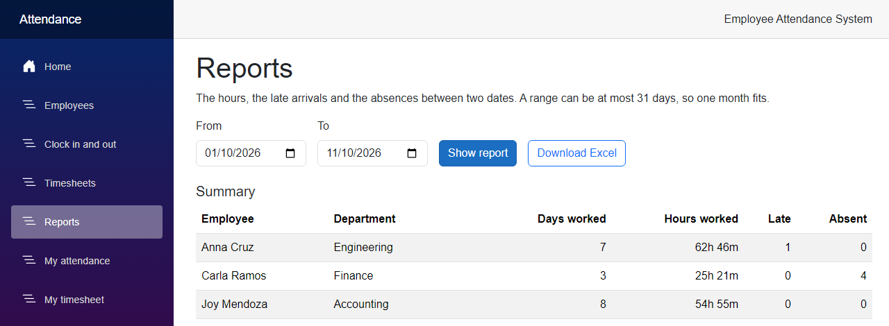 The Reports page with a Download Excel button next to the Show report button