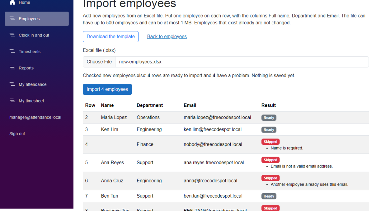 Import employees from Excel: the preview of a file with four rows ready to import and four rows skipped, each with the reason