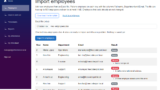 Import employees from Excel: the preview of a file with four rows ready to import and four rows skipped, each with the reason