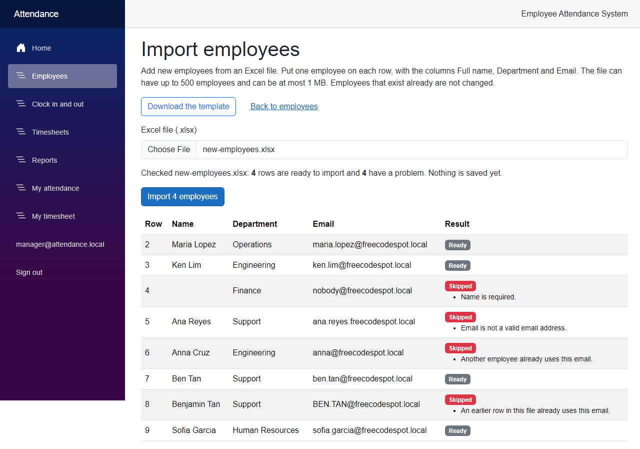 Import employees from Excel: the preview of a file with four rows ready to import and four rows skipped, each with the reason
