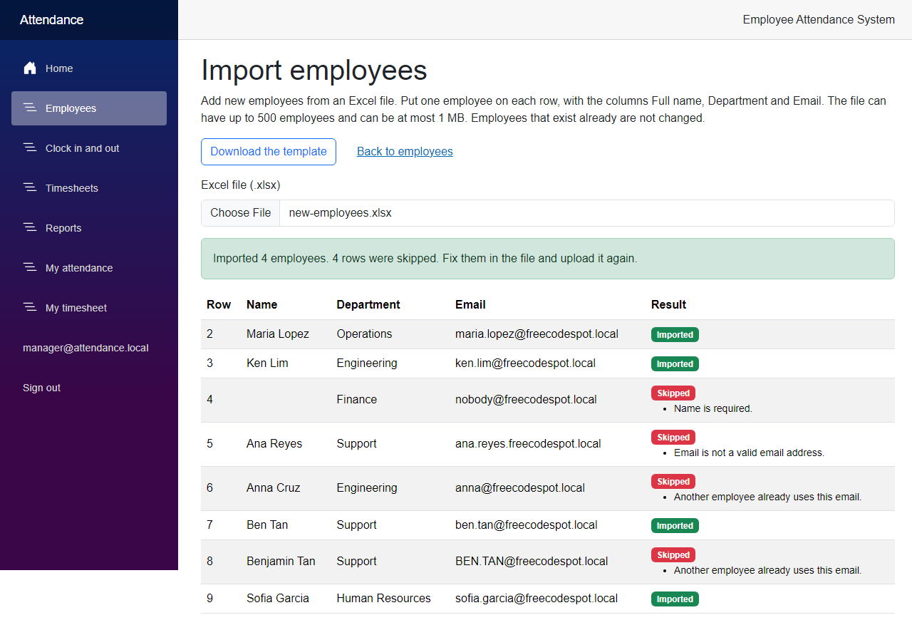 The Import employees page after the import, with a green message saying Imported 4 employees and 4 rows were skipped, and the result of each row
