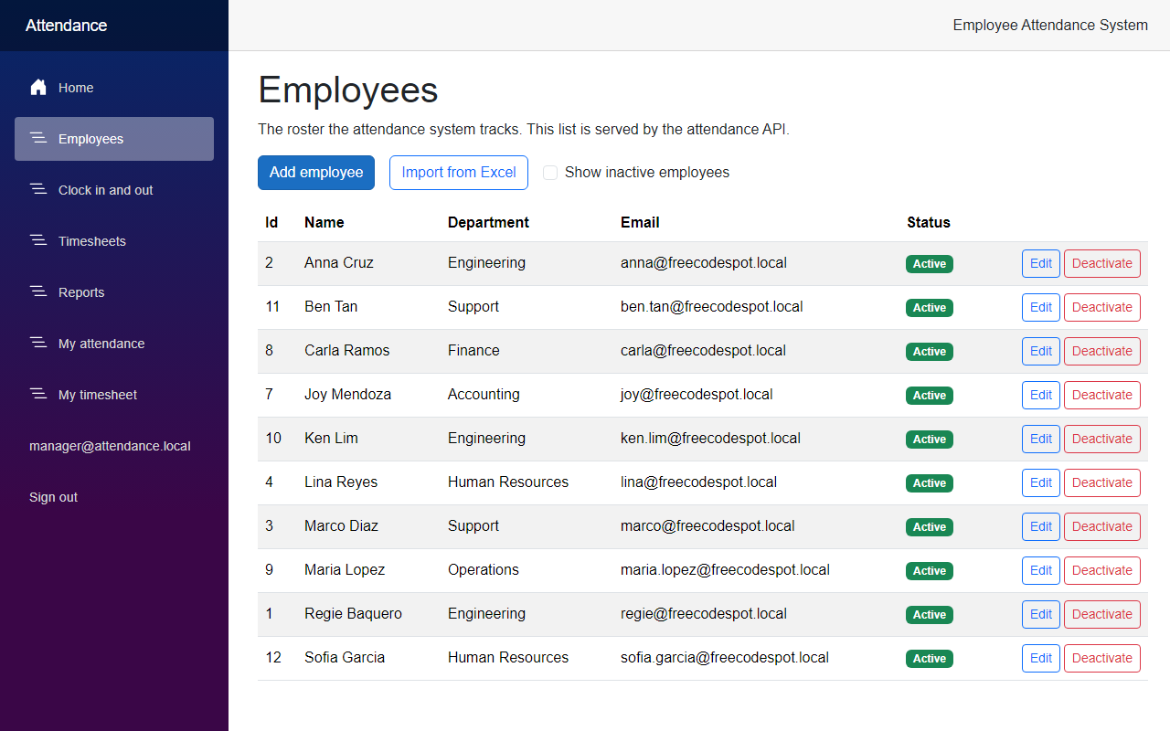 The Employees page with Maria Lopez, Ken Lim, Ben Tan and Sofia Garcia added to the roster, and the Import from Excel button next to Add employee