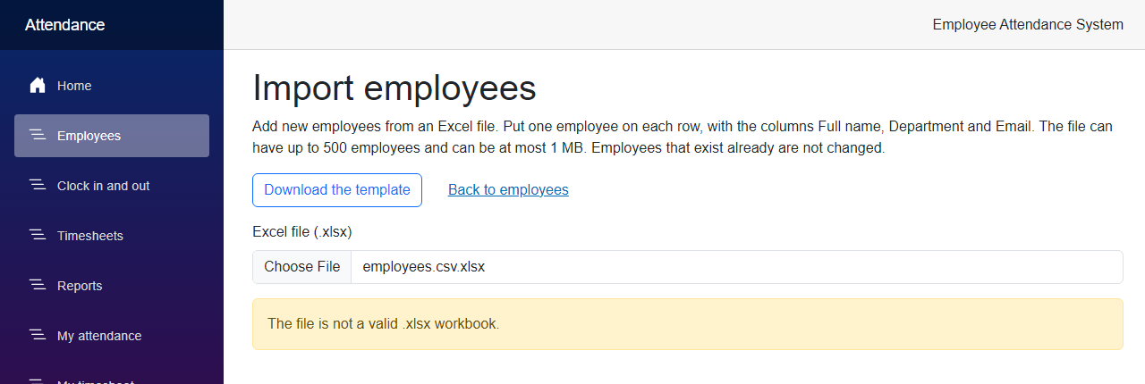 The Import employees page with a yellow message saying The file is not a valid .xlsx workbook