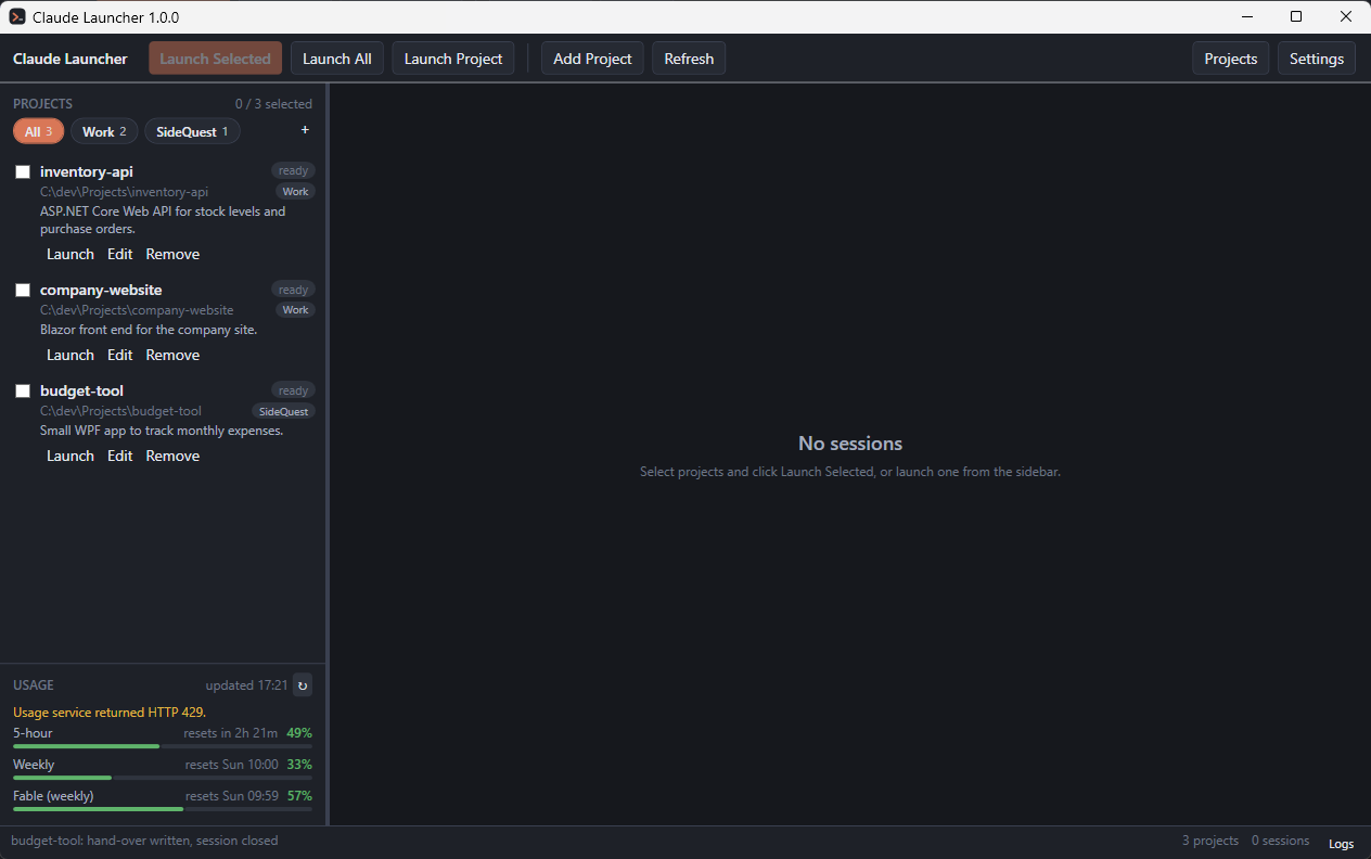 The main window of Claude Launcher with three registered projects in the sidebar, the workspace chips, the usage panel, and an empty terminal area that reads No sessions
