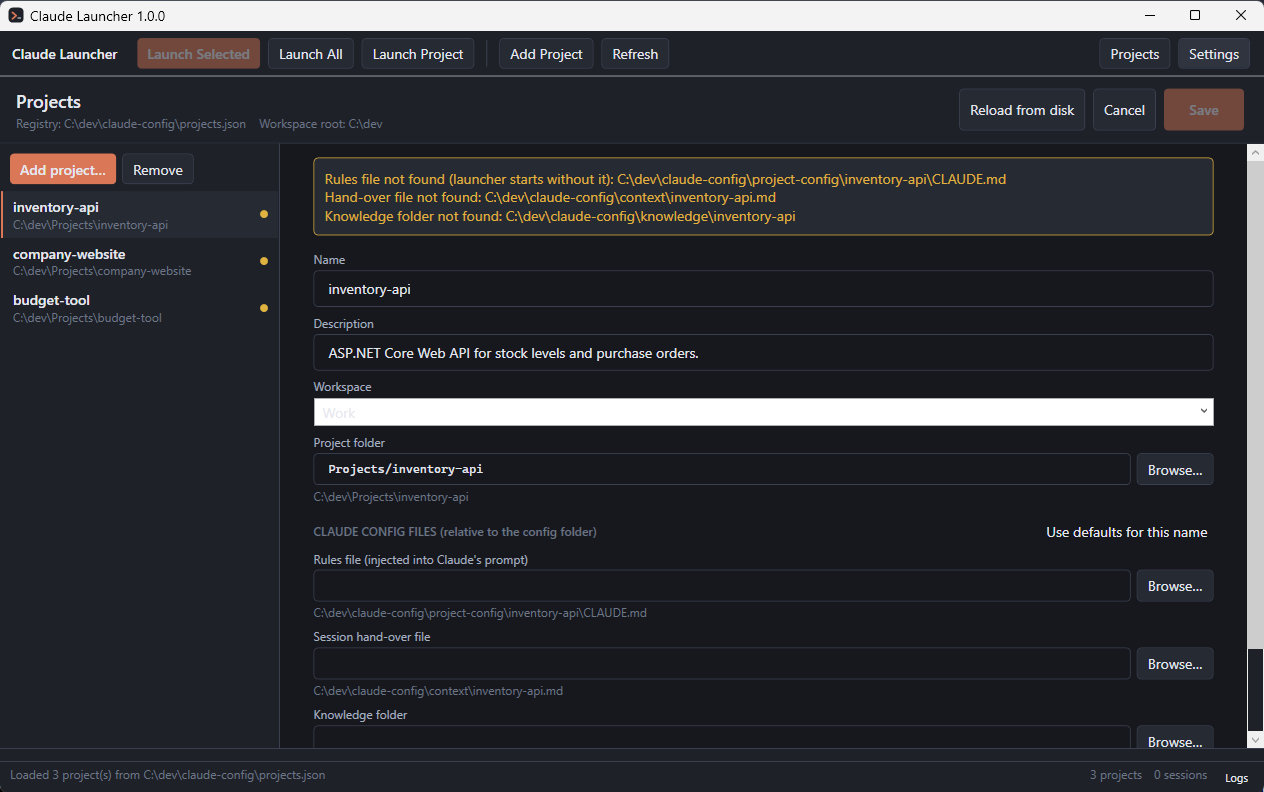 The Projects page of Claude Launcher editing the inventory-api project, with the name, description, workspace and project folder fields, and a note that the rules file does not exist yet