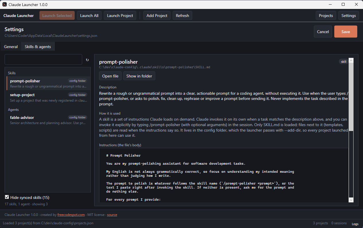 The Skills and agents tab of the Claude Launcher settings listing the prompt-polisher and setup-project skills and the fable-advisor agent, with the description and instructions of the selected skill