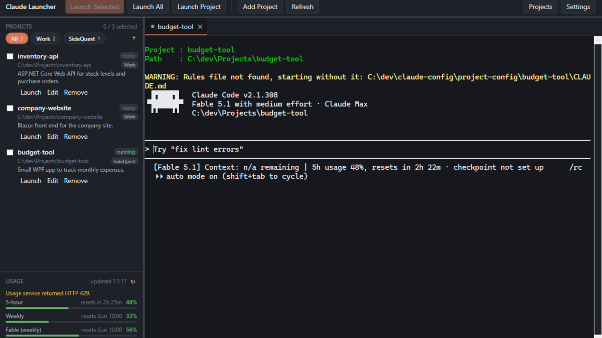 Claude Launcher with three projects in the sidebar and a Claude Code session running in the budget-tool terminal tab