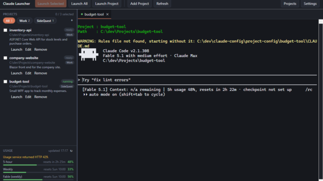 Claude Launcher with three projects in the sidebar and a Claude Code session running in the budget-tool terminal tab