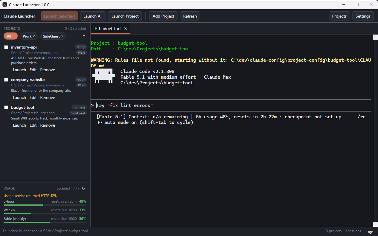 Claude Launcher with three projects in the sidebar and a Claude Code session running in the budget-tool terminal tab